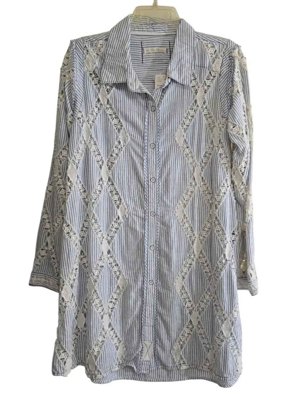 NWT Free People Maldives Stripes Top Ivory & Blue Combo XS Oversized Lace Insets